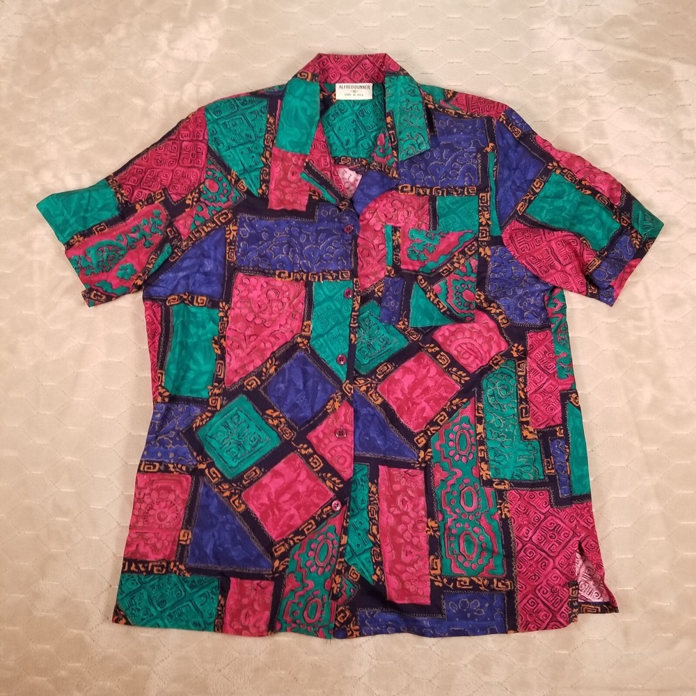 VTG Alfred Dunner‎ Short Sleeve Colorful Button Up Shirt Padded USA Made Sz 10